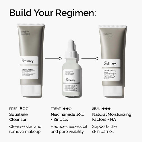 Three skincare products from 'The Ordinary' with labels and descriptions on a white background.