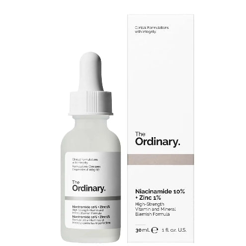 The Ordinary skincare serum bottle with dropper and packaging on a white background